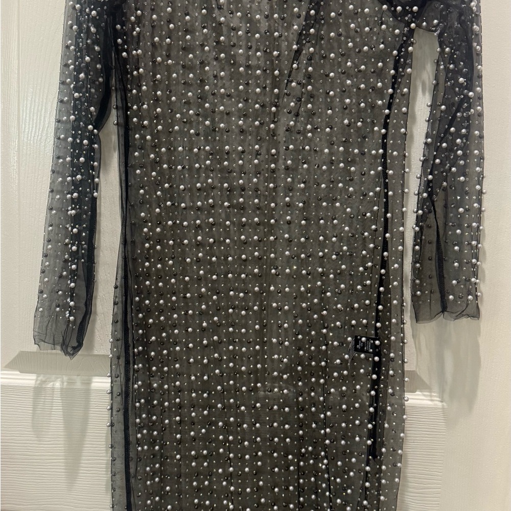Haute Monde Black Sheer Dress with Pearl Details